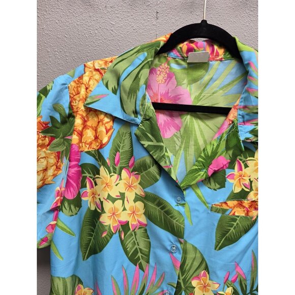 King Kamehameha Shirt Mens XL Blue Hawaiian Aloha Floral Print Pineapple Camp - Picture 2 of 10